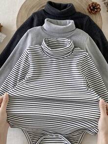 SHEIN 男嬰休閒百搭高領羅紋紋理面料長袖多件式連身衣套裝，秋冬款 - 彩色 - 查看 7