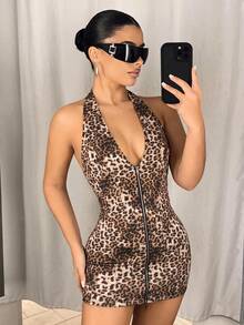 SHEIN ICON 女款時尚豹紋拉鍊掛脖性感洋裝 - 酒紅色 - 查看 6