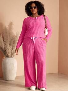 BrightlyHer Plus Size Women's Autumn/Winter Casual Solid Color T-Shirt Top And Wide Leg Pants 2-Piece Set With Pockets - Pink - View 4