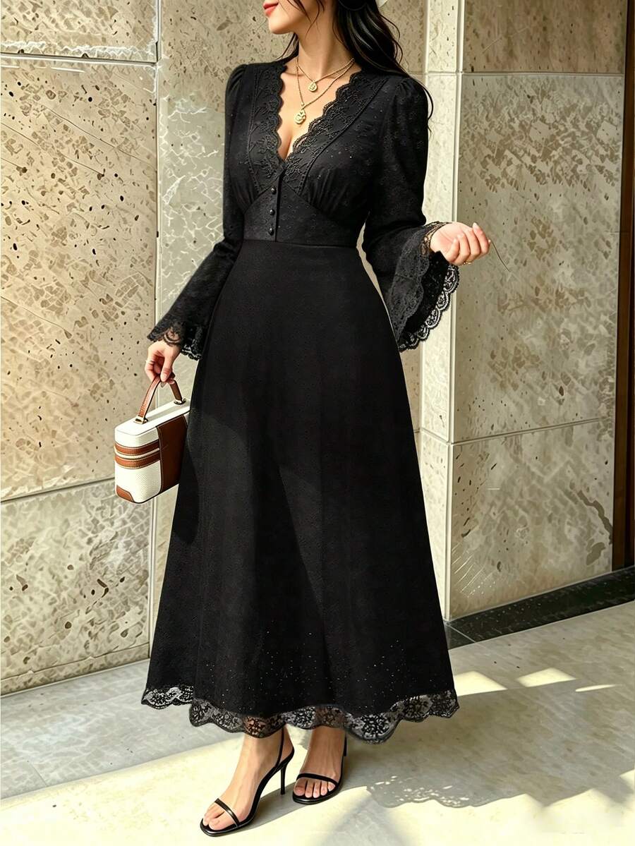 SHEIN LUNE CURVE V-Neck Flared Long Sleeve Cinched Waist A-Line Lace Trim Patchwork Design Elegant Knit Dress Fall - Black - View 1