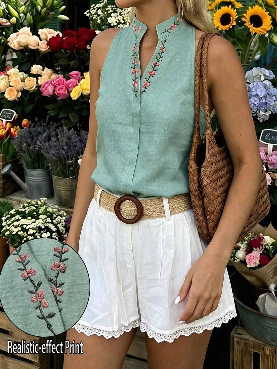 Flora Isola Flora Isola 女款花卉刺繡立領無袖上衣,刺繡上衣,女款夏季穿搭,優雅襯衫,辦公通勤穿搭 - 綠色 - 查看 1