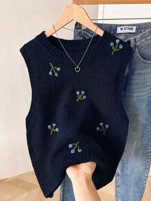Modelyn Chaleco de punto con cuello redondo bordado de unicolor para mujer - Azul Marino - Ver 2