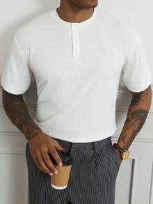 HUEFORM Men's Old Money Style White Vertical Ribbed Texture Pure Minimalist Mature Vintage Casual Commute Slim Fit Summer Versatile Short Sleeve T-Shirt Top - White - View 4