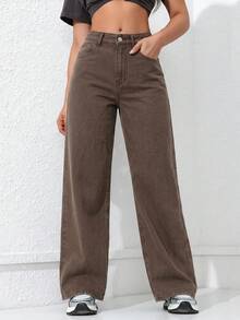 SHEIN ICON 休閒水洗直筒牛仔褲 - 棕色 - 查看 4