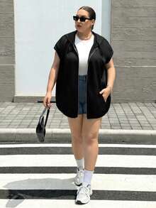SHEIN CURVE+ 大尺碼休閒秋季拉鍊抽繩連帽衛衣，2026冬季 22W - 黑色 - 查看 9
