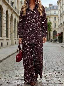 Hansera Women's Winter Christmas Brown Woven Polka Dot Print Long Sleeve Button-Down Shirt And Elastic Waist Wide Leg Pants 2-Piece Set, Suitable For Daily Wear, Elegant Style, Vintage Style, Office Wear, Casual Wear, Autumn/Winter Wear - Coffee Brown - View 2