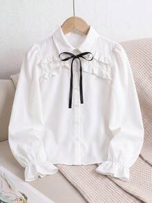 SHEIN 兒童青少年女孩寬鬆休閒極簡舒適日常穿著學院風白色荷葉邊飾泡泡袖優雅荷葉邊前開扣襯衫長袖上衣返校季 - 白色 - 查看 5