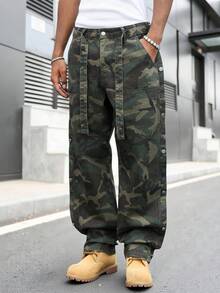 GALLERY FADE 男士街頭風休閒拼接腰帶迷彩牛仔長褲 - 軍綠色 - 查看 3