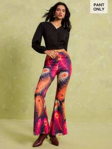 LOTSLUV Women's Early Summer Commute Party Vacation, Multicolor Base With Feather Pattern, Knitted Slim Fit Wide Leg Pants Boho 70s,Women's Pants - Multicolor - View 6