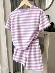 Tween Girl Tween Girl Casual Minimalist Striped Pattern Short Sleeve & Shorts 2 Pieces Set, Suitable For S - White - View 2