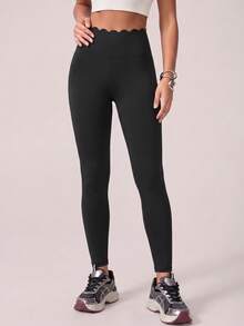SHEIN Dewbera Women's Solid Color Slim Fit Elastic Waist Lace Trim Comfortable Sports Long Pants - Black - View 3