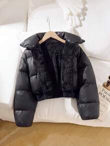 SHEIN 1件青少年女孩高腰短版收腰棉墊外套，休閒秋冬穿搭 - 黑色 - 查看 1