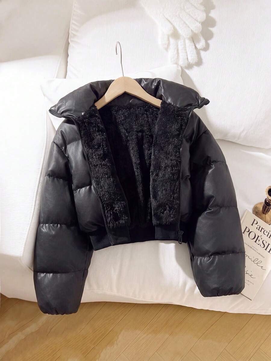 SHEIN 1件青少年女孩高腰短版收腰棉墊外套，休閒秋冬穿搭 - 黑色 - 查看 1