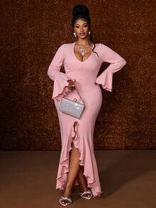 Maweii Plus Size Long Sleeve Fishtail Sweet Minimalist Sexy Ruffle Hem Dress - Pink - View 4