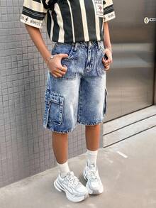 SHEIN Y2K 少女春夏假期时尚低腰阔腿宽松牛仔长短裤，带搭扣细节和翻折口袋，适合夏季海滩、波西米亚风音乐会、锐舞派对等场合 - 中等水洗藍 - 查看 7