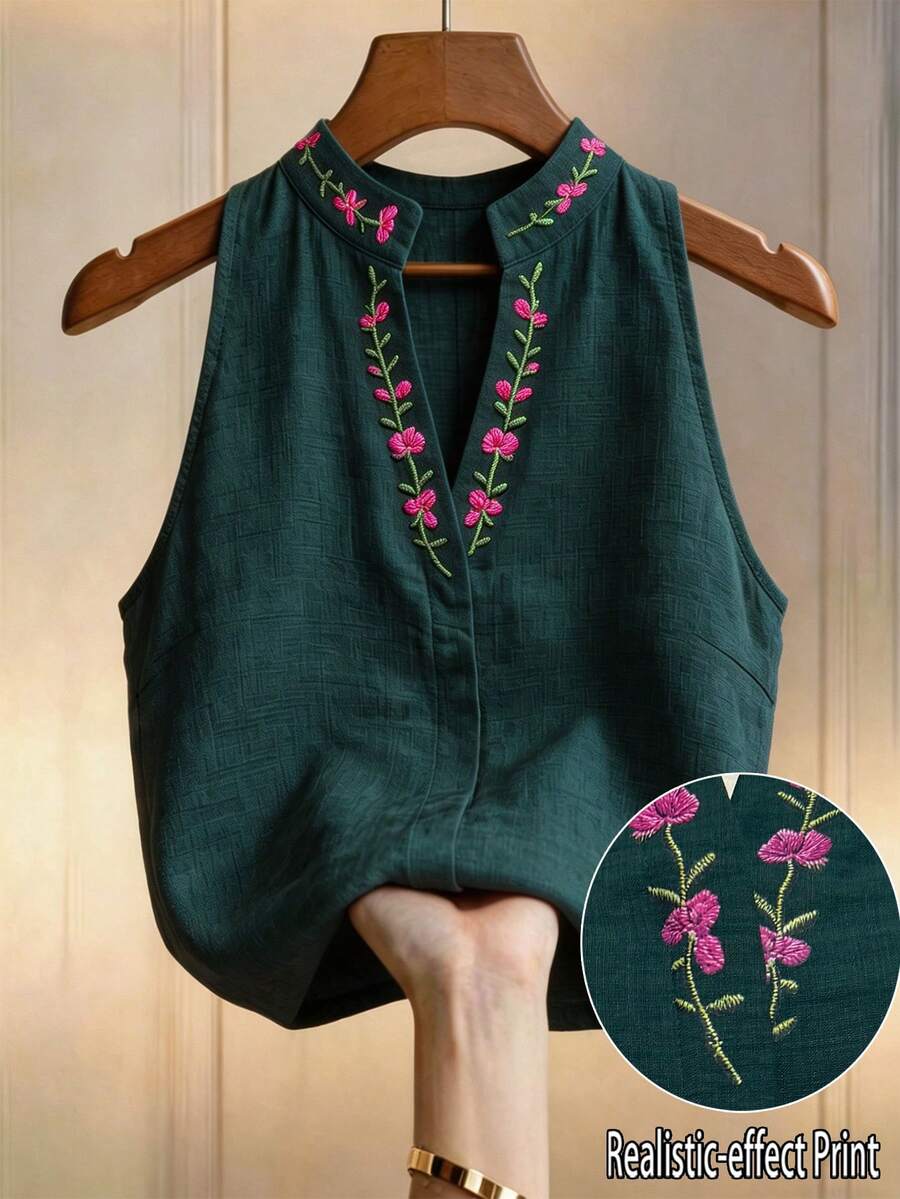 Louniche 女款優雅深綠色無袖背心上衣,缺口V領立領花卉刺繡印花夏季襯衫,適合外出休閒穿著 - 墨綠色 - 查看 1