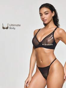 SHAPORA 1pc Black Mesh Underwire Push-Up Bra With Side-Smoothing For Small Chest, Women's Lingerie - Black - View 6