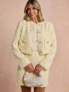 Enchnt Premium Pre-Fall Romantic Women's Elegant Pale Yellow Tweed Frayed Pearl Buttons Jacket,Office Outfits For Women,Going Out Outfits,Social - Yellow - View 6