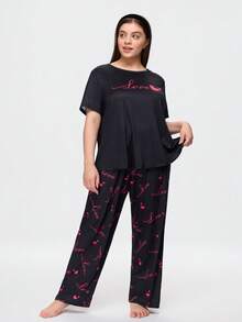 Bonmuse Cute Ins Contrast Color Valentine's Day Love Print Loose Comfortable Black Plus Size Pajama Set Curvy Pajama Sets Plus Size Sleepwear Set - Black - View 3
