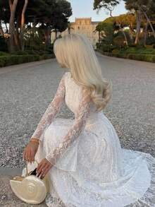 Firerie 女款優雅浪漫日常通勤海邊度假立領百褶高腰A字喇叭袖白色洋裝，夏季女裝 - 白色 - 查看 7