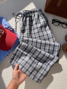 Comfortcana Women's Drawstring Waist Plaid Casual Versatile Daily Travel Long Pants - Navy Blue - View 8