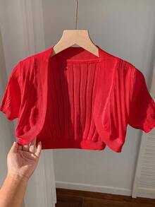 SHEIN EZwear 紅色短袖針織開襟衫 - 紅色 - 查看 5
