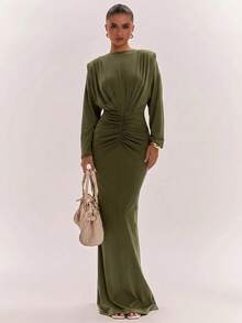 SHEIN BAE Gaun Komuter Elegan Warna Polos dengan Detail Kerut di Pinggang - Hijau Tentara - View 6