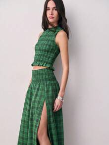 Nöista Conjunto de dos piezas a cuadros con detalle de volantes en la cintura. Verano, otoño, resort, casual chic, estilo de fiesta - Verde Oscuro - Ver 5
