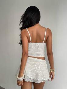 SHEIN Glamour White Sequin Mesh Cami Top + Ruffle Mini Skirt 2-Piece Set,Summer Women's Ruched Bodycon Outfit For - Beige - View 2