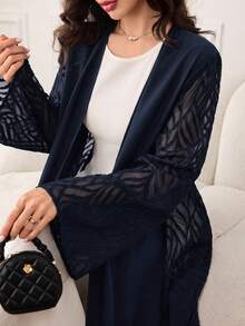 Yasmyna Women's Contrast Mesh Long Sleeve Loose Fit Abaya - Navy Blue - View 8