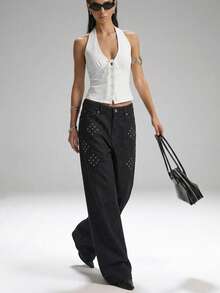SHEIN EZwear 女款純色前綁帶單排扣掛脖背心上衣，適合度假穿著 - 杏色 - 查看 6