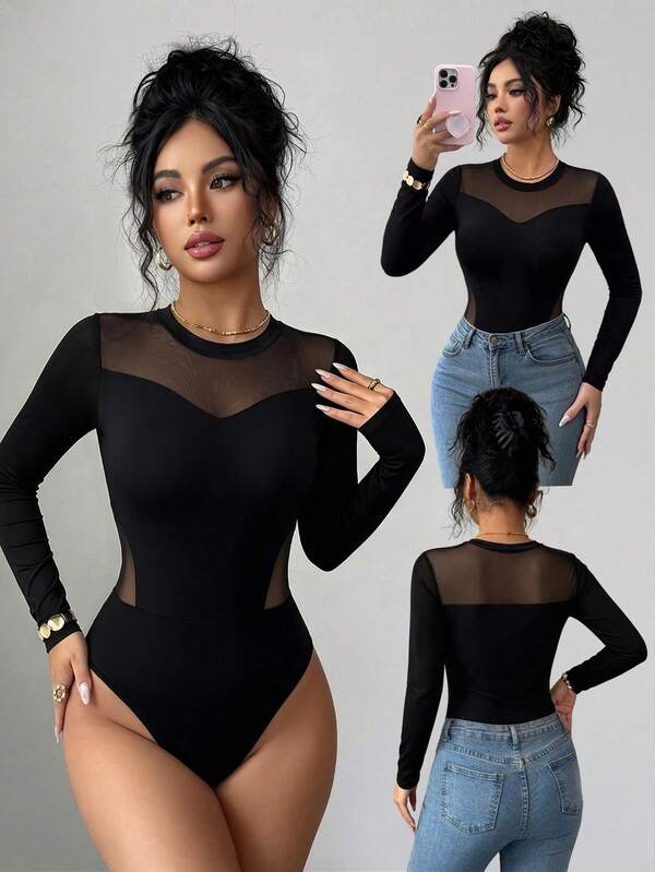 Elenzga Women's Sexy Minimalist Sexy Black Mesh Patchwork Long Sleeve Sheer Shoulder & Waist Cutout Slimming Body-Shaping Tummy Control Triangle Bodysuit, Spring/Autumn, Innerwear/Outerwear