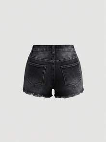 SHEIN Quần short denim mài rách phong cách thường ngày mùa hè cho thiếu nữ - màu đen - Xem 2