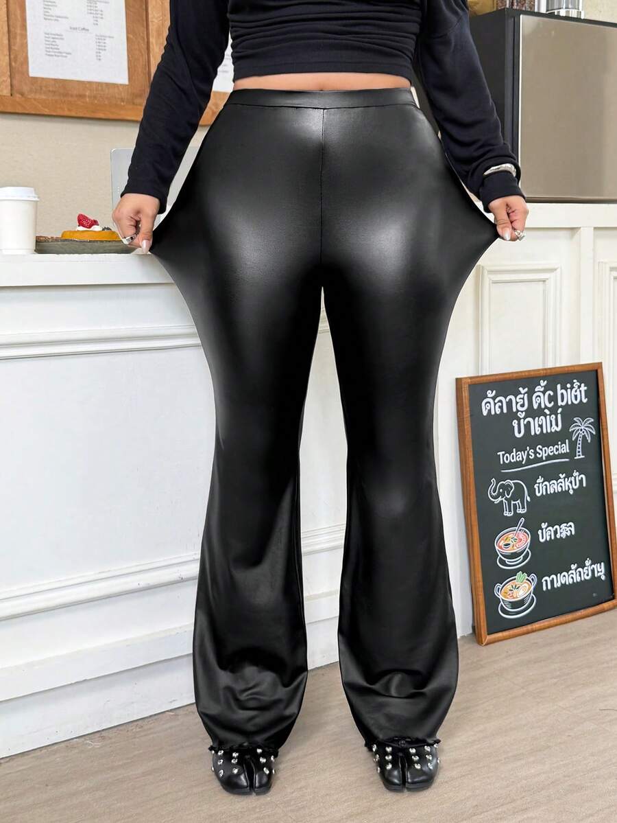 Muchica Women's Plus Size Casual Black Flare Pants - Black - View 1