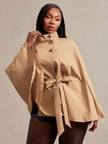 Radiana Plus Size Women's Autumn/Winter Versatile Black Tie-Waist Short Batwing Sleeve Cape Style Trench Coat Jacket Office Work Elegant Fall - Khaki - View 8