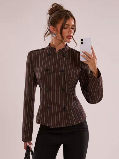 SHEIN BAE Damen gestreifter Langarm Doppelreiher Lässig Blazer