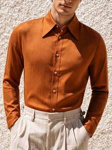 TONEVAULT Men's Solid Color Casual Versatile Daily Wear Shirt - Brown - View 5
