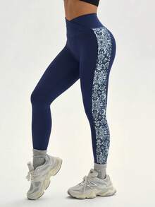 SHEIN Sports Women's High Waist Colorblock Casual Daily Sports Tight Leggings - Navy Blue - View 4