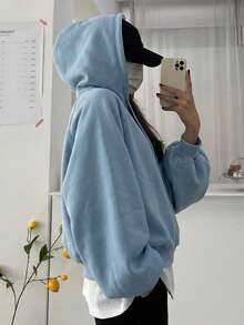 DAZY Women's Solid Color Hooded Oversized Short Sweatshirt - Blue - View 2