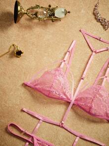 PinupPomp Conjunto de lencería sexy de encaje transparente - Rosa Fucsia - Ver 3