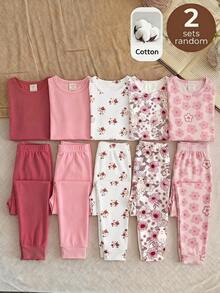 SHEIN LMoss Kids 女童休閒簡約修身舒適圓領短袖長褲居家服套裝，4件組，適合春/夏 - 彩色 - 查看 1