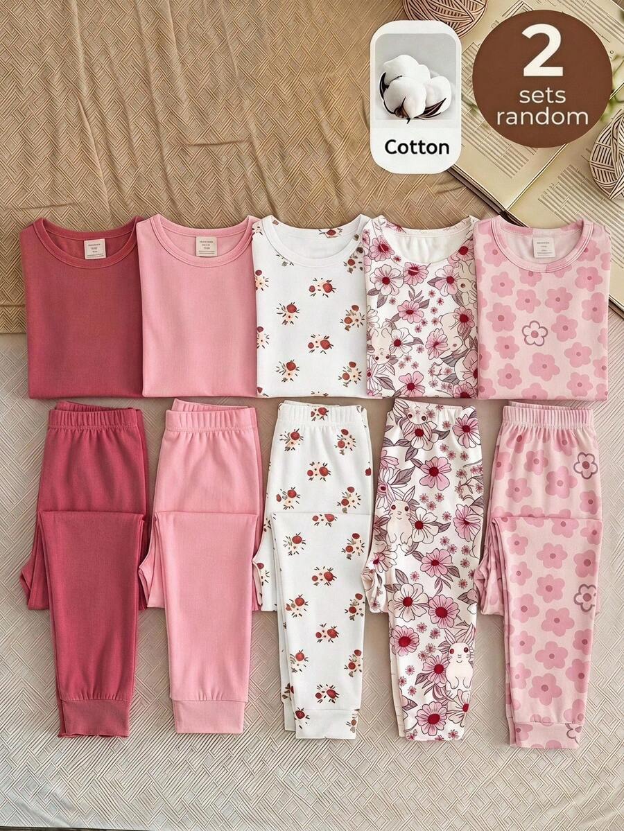 SHEIN LMoss Kids 女童休閒簡約修身舒適圓領短袖長褲居家服套裝,4件組,適合春/夏 - 彩色 - 查看 1