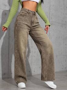 SHEIN EZwear 休閒水洗直筒牛仔褲 - 鏽棕色 - 查看 4
