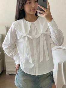 SHEIN 兒童青少年女孩秋冬休閒校園風大廓形翻領3D蝴蝶結寬鬆長袖白色襯衫，返校季、高中舞會、派對、開學日，女童白色襯衫女式白色上衣 - 白色 - 查看 5