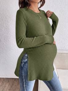 SHEIN Maternity Simple Versatile Long Sleeve Split Hem T-Shirt Fall - Army Green - View 2