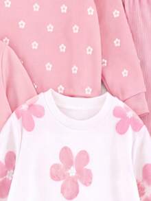 Playful Pals YoungGirl 2pcs Set Sweet Cute Girl 3D Floral Print Long Sleeve Sweatshirt With Pink Ribbed Long Pants, Casual Minimalist Daily Wear For Autumn/Winter - Multicolor - View 5