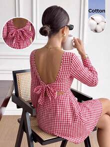 Serisse Women's Plaid Casual Daily Short Dress - Red - View 4