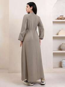 Veilorie Women's Colorblock Striped Drawstring Waist Long Dress - Khaki - View 3