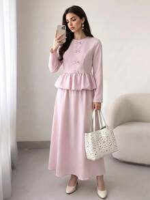 Solavon Women's Bow Decor Ruffle Hem Top And Long Skirt Arabic Costume Set - Baby Pink - View 2