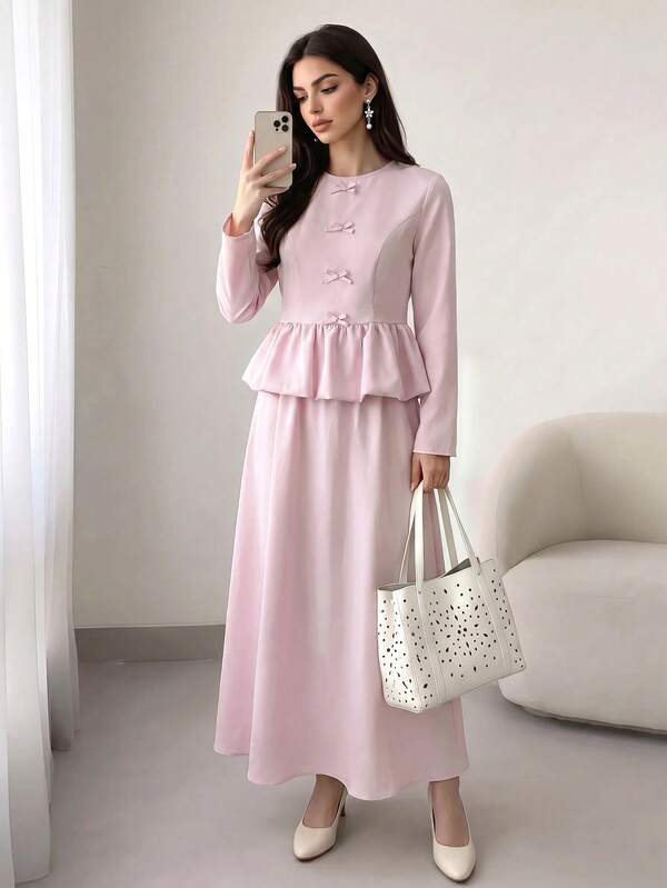 Solavon Women's Bow Decor Ruffle Hem Top And Long Skirt Arabic Costume Set